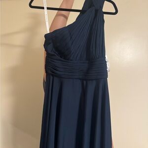 Azazie Charlize Stretch 
A-Line One Shoulder Stretch Satin Dress Dark Navy